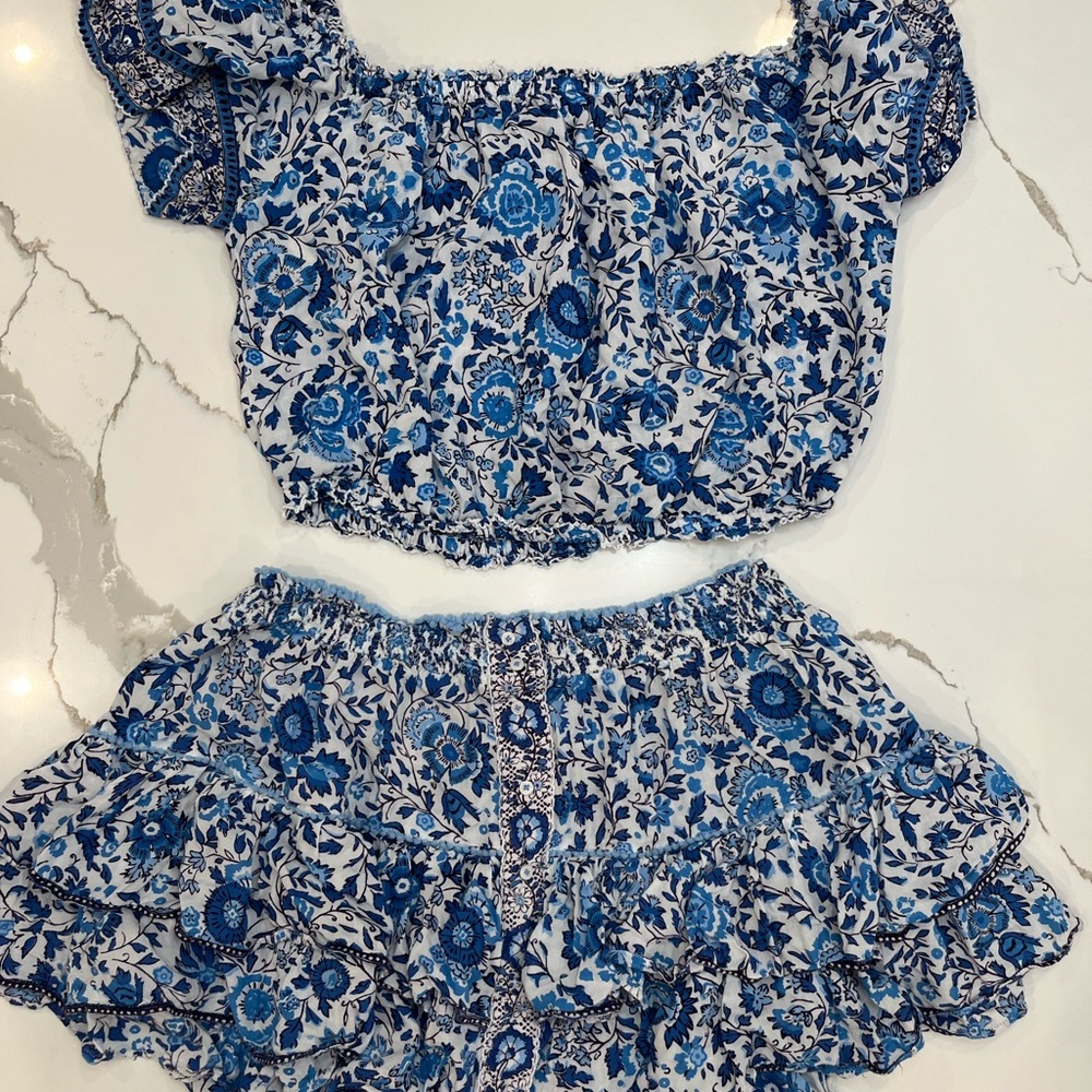 Poupette St. Barth Blue and White Floral Set (Skirt and Top), Size M/L
